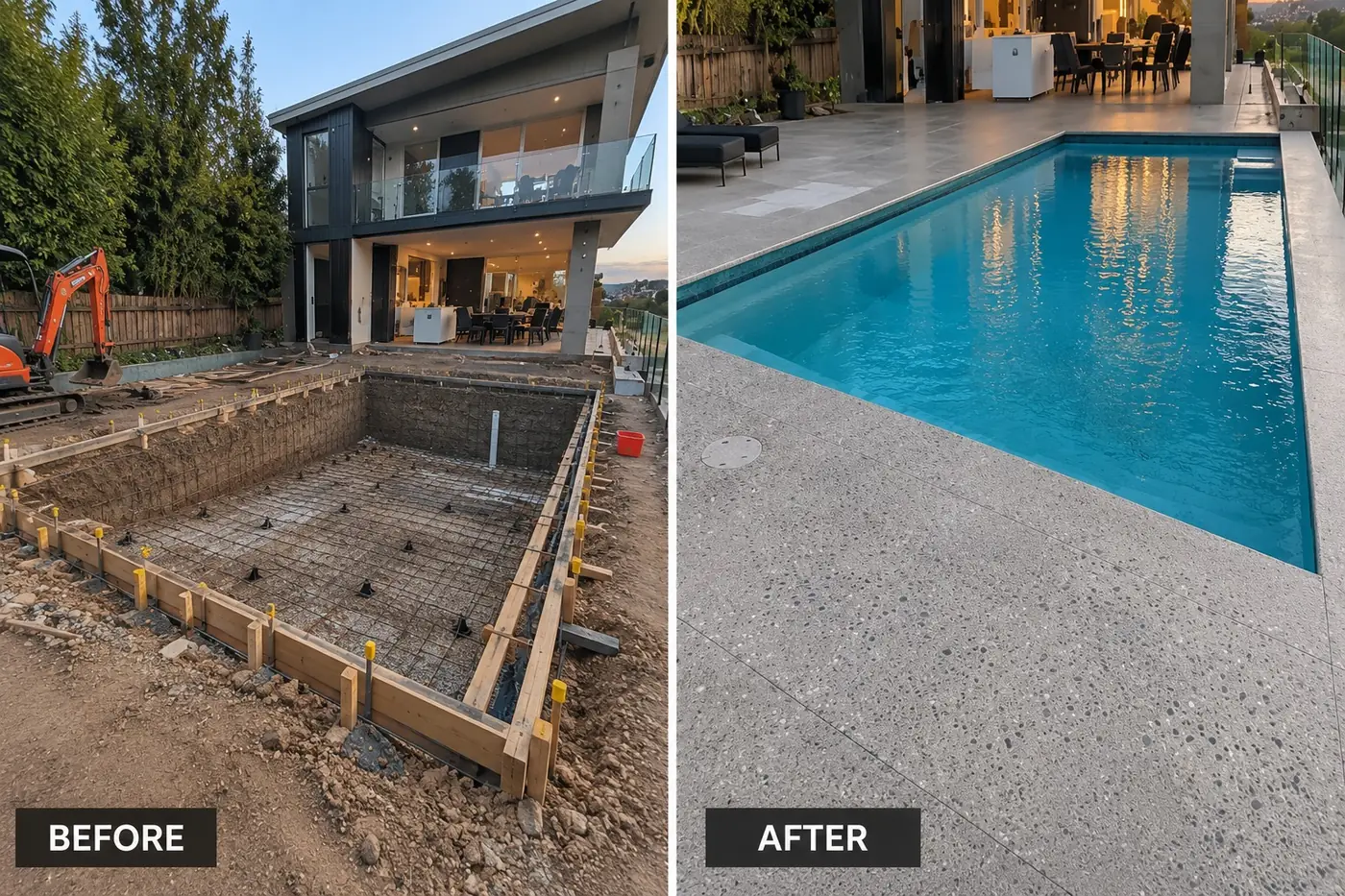 Before and after of a Darwin luxury home pool: mesh tied into the shell, then a lap pool with an exposed aggregate deck