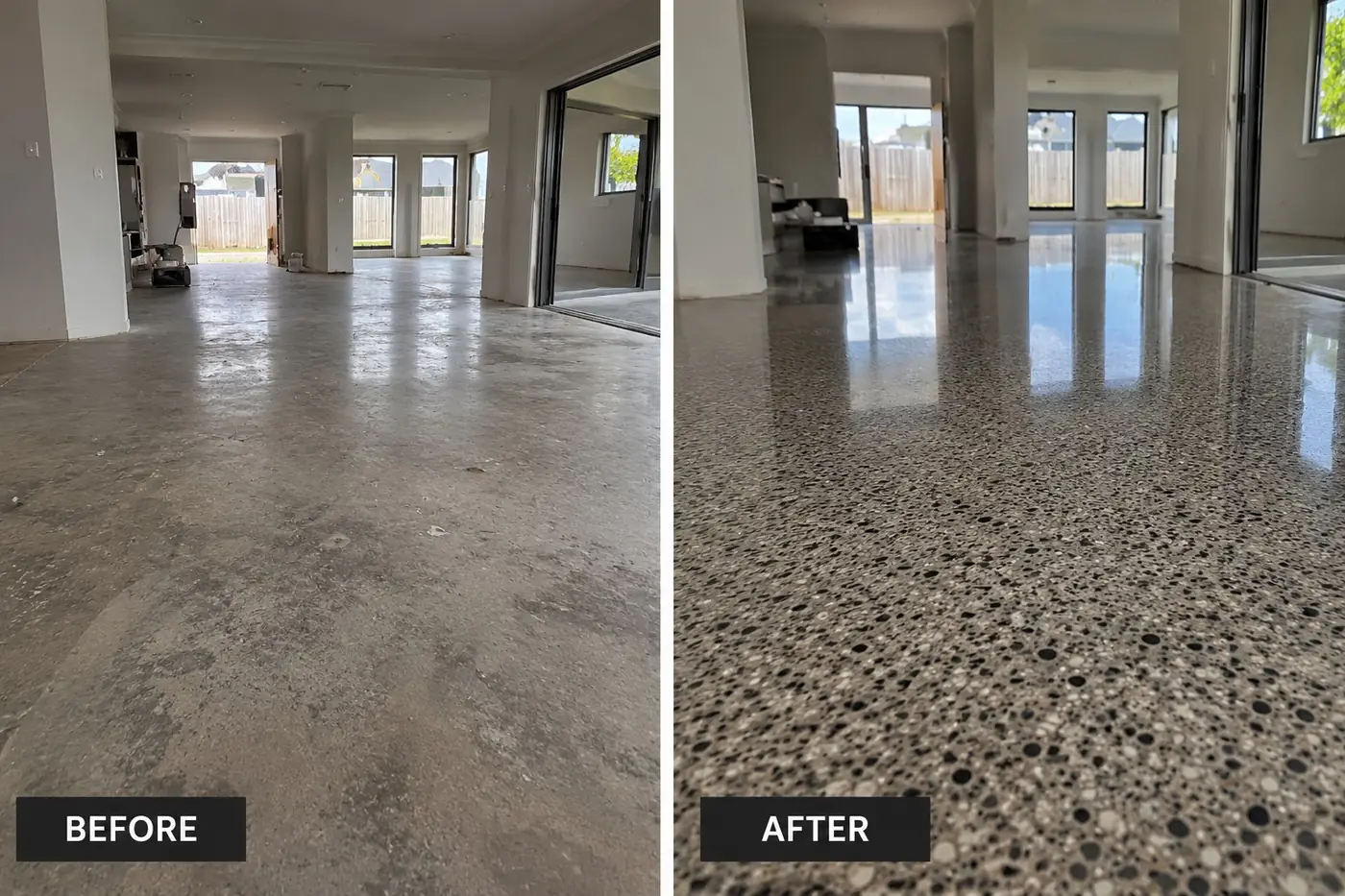 Before and after of a Darwin open-plan living area: a dull, blotchy slab ground back to the stone and polished